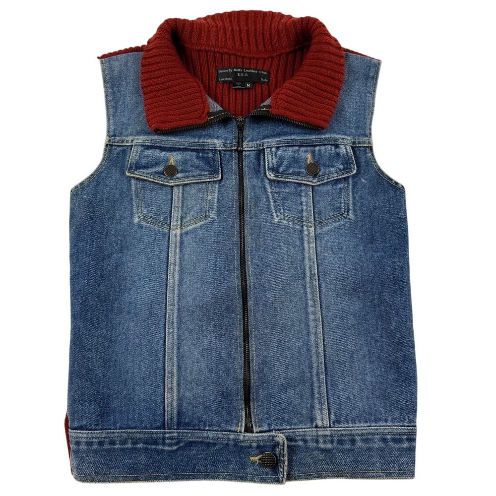 Vintage Blue Denim & Red Sweater Vest Beverly Hills Leather Club Size Medium